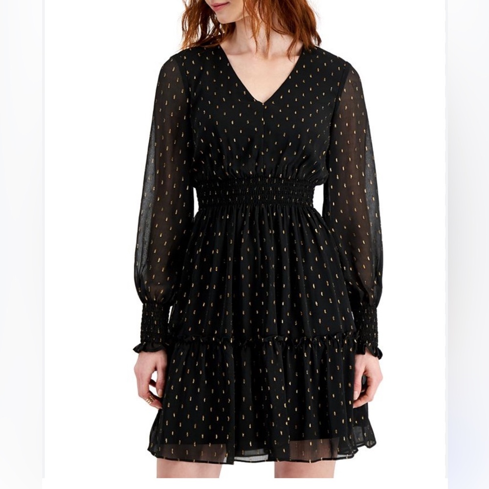 New with tags Taylor Metallic-Dot Smocked-Trim Dress